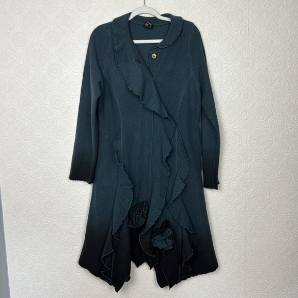 CoVelo Wool Coat Teal Longline Flutter Flower Ombré Artsy Art To Wear Lagenlook - Picture 1 of 8